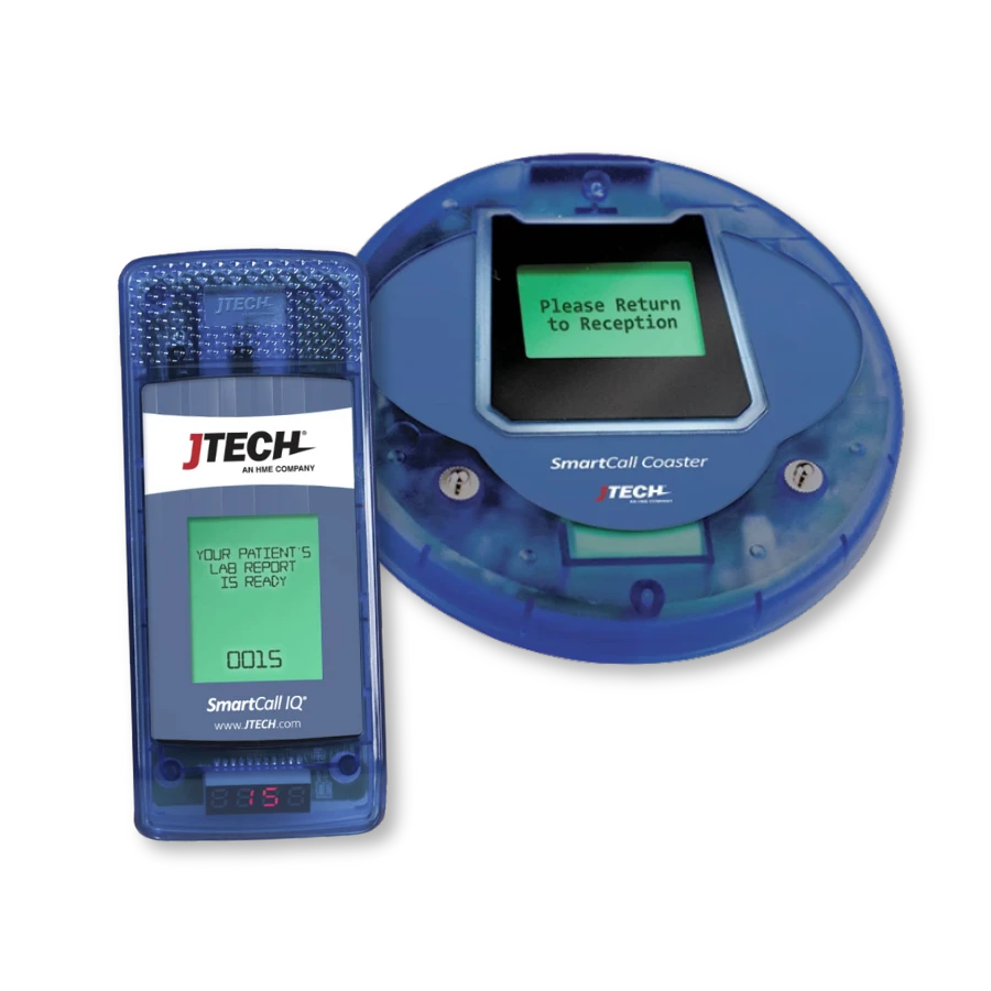SmartCall IQ healthcare staff pager and SmartCall coaster showing clinical messages