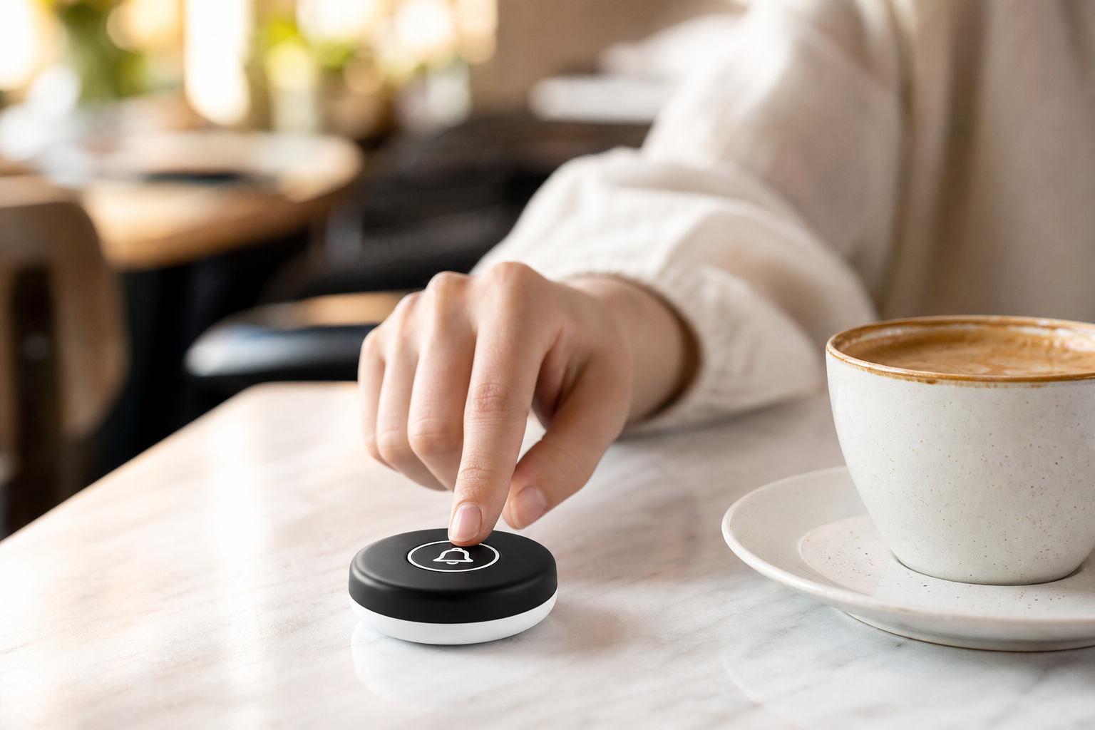 Guest pressing a wireless service call button at a cafe table