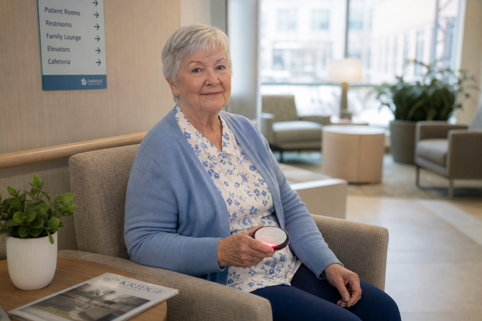 Caregiver assisting a patient in a calm clinical setting