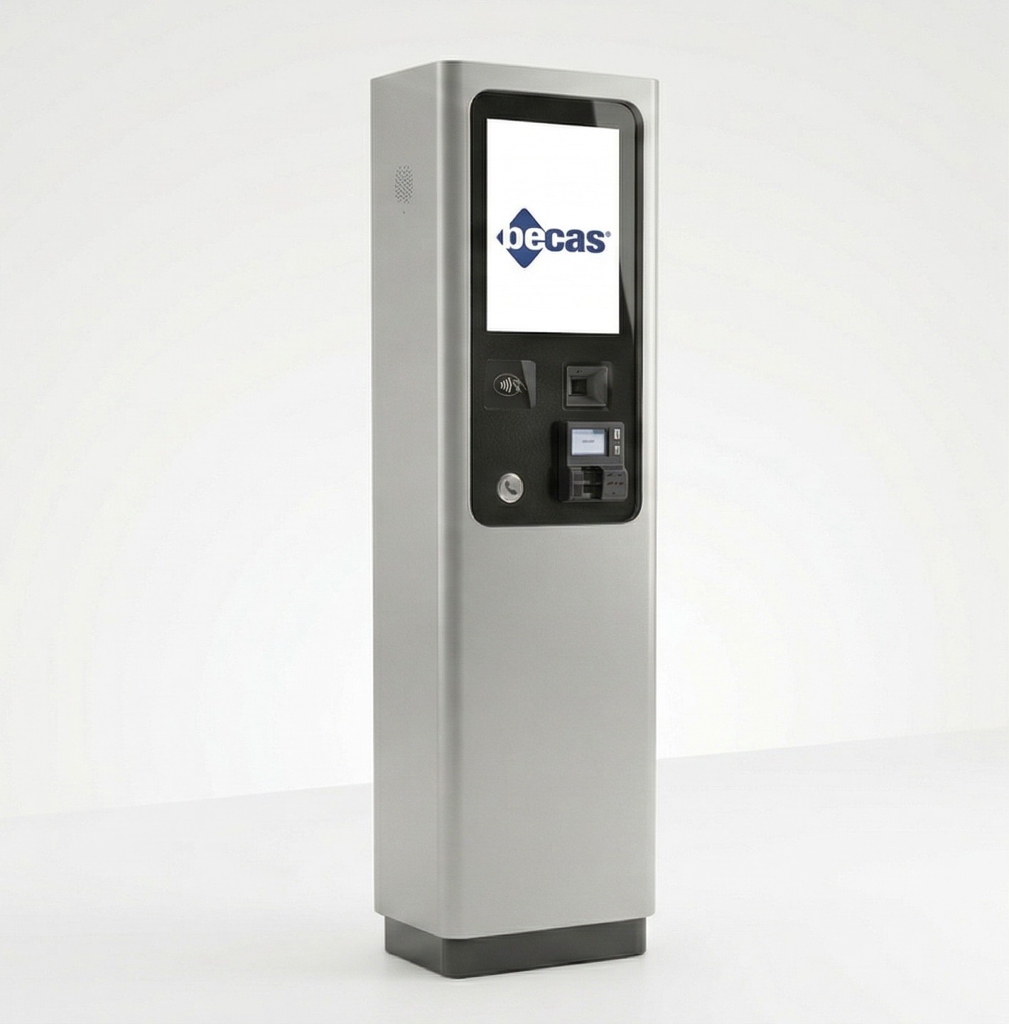 Becas parking pay station with portrait display, contactless payment, and card interfaces