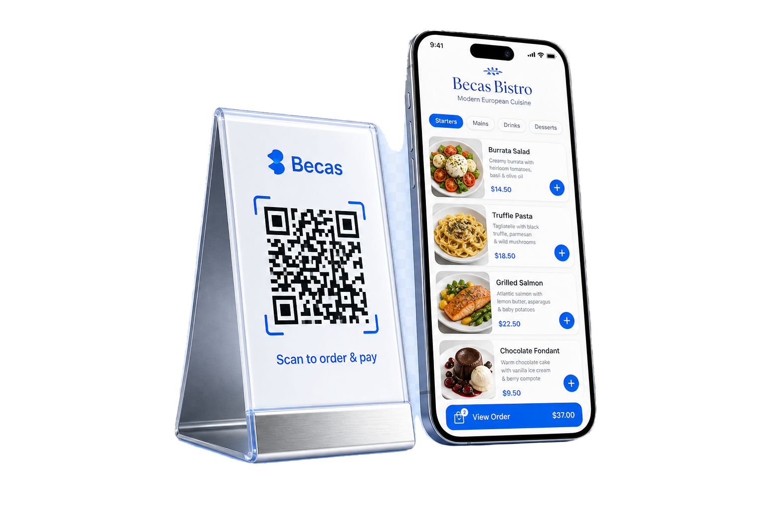 Becas QR menu stand with phone